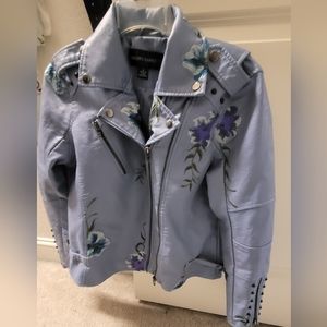 NWOT Colleen Lopez Floral Embroidered Faux Leather Moto Jacket